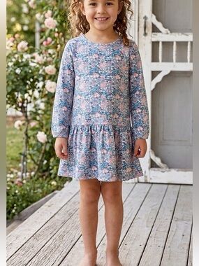 Grace and James Kids Girls 5 Blue Pink Floral Long Sleeve Dress